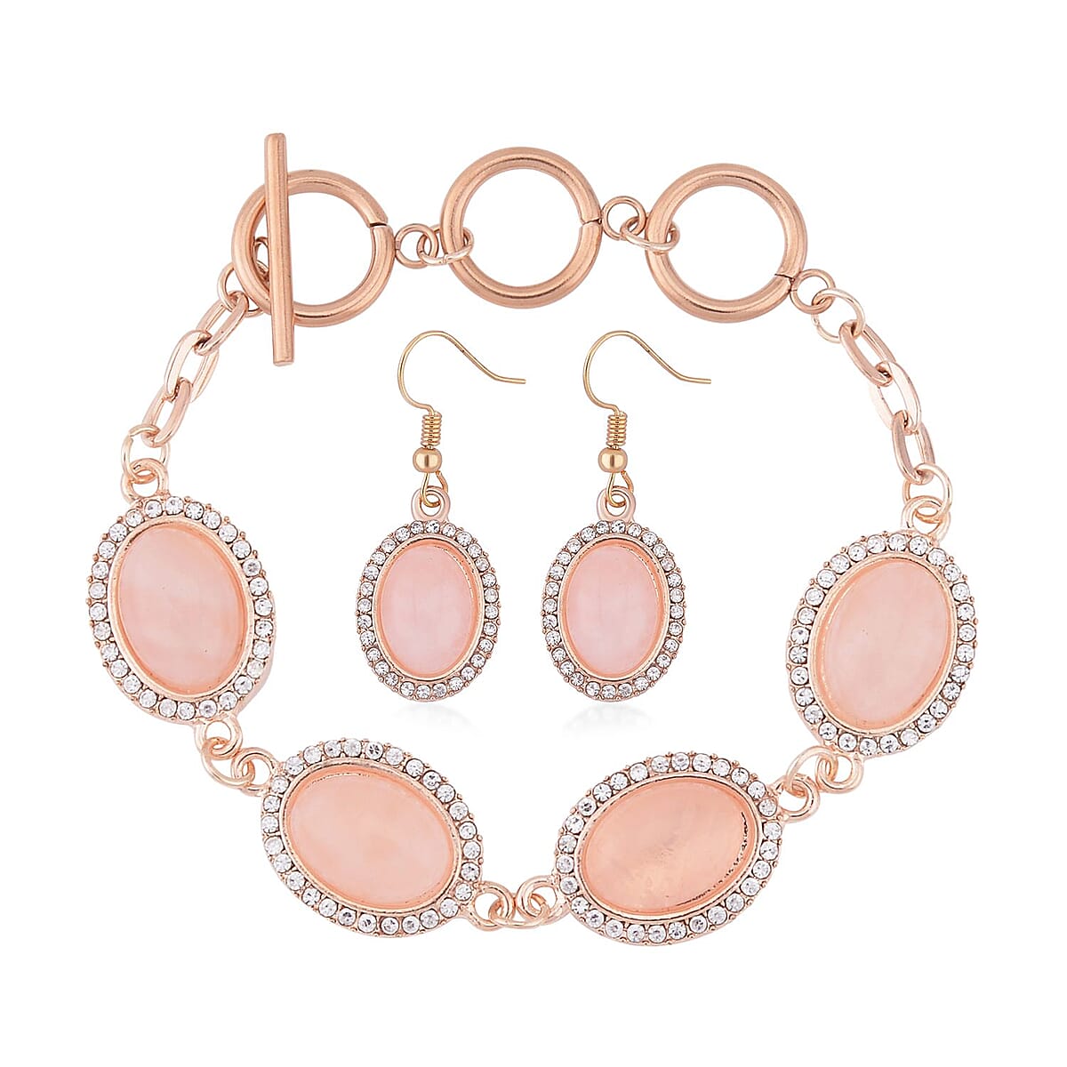 Galilea Rose Quartz and White Austrian Crystal Bracelet (6.50-8.0In) and Earrings in Rosetone 56.00 ctw image number 0