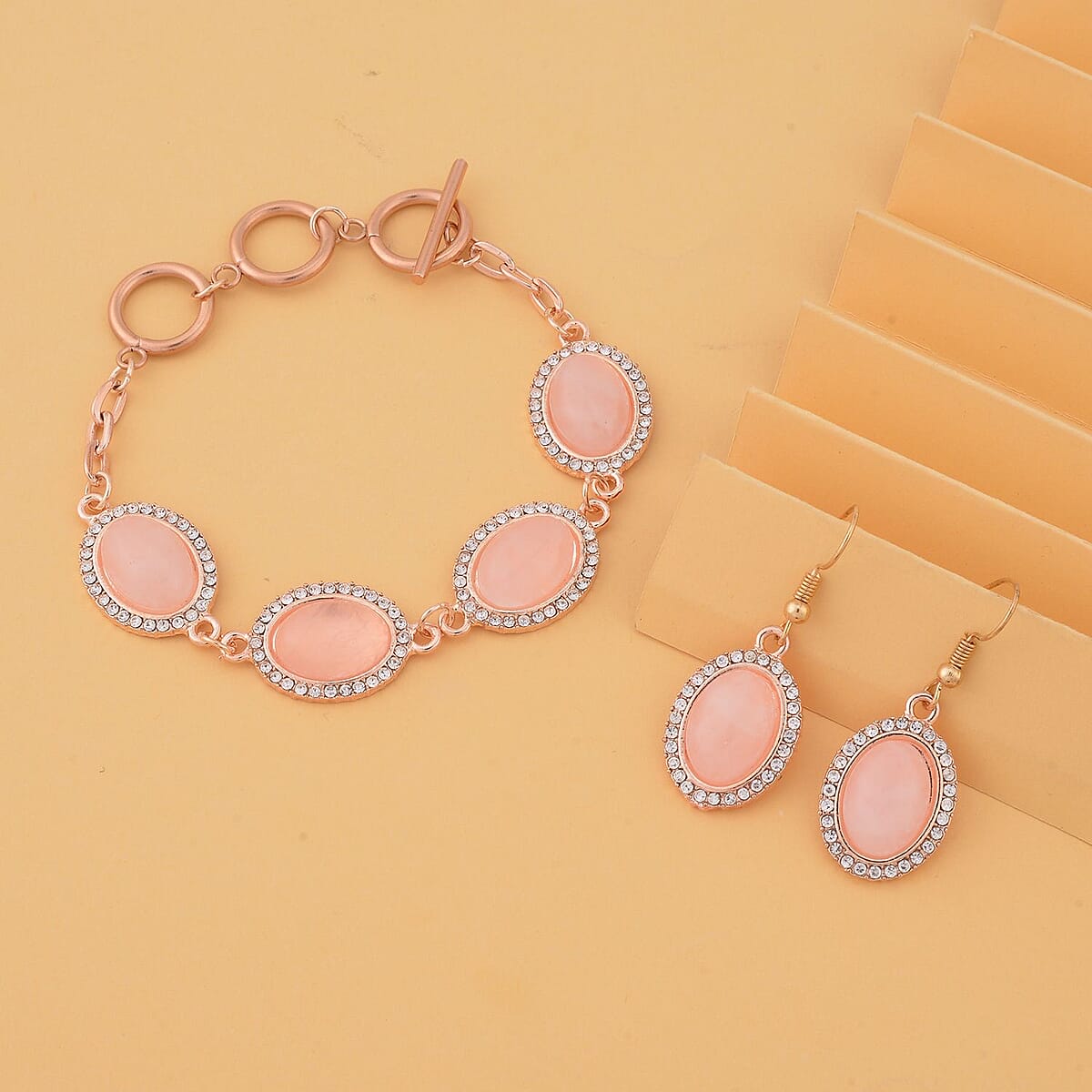 Galilea Rose Quartz and White Austrian Crystal Bracelet (6.50-8.0In) and Earrings in Rosetone 56.00 ctw image number 1