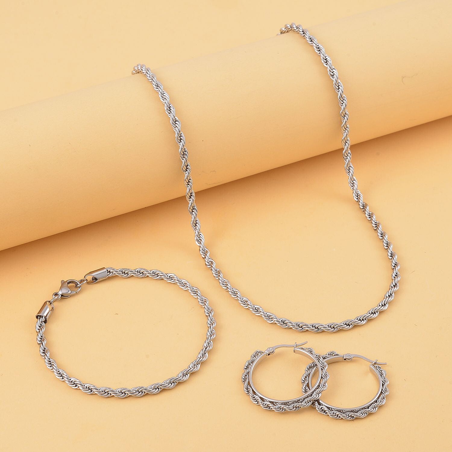 Set of 3 Rope Chain Bracelet (7.5In), Hoop Earrings and Necklace 20 Inches in Stainless Steel