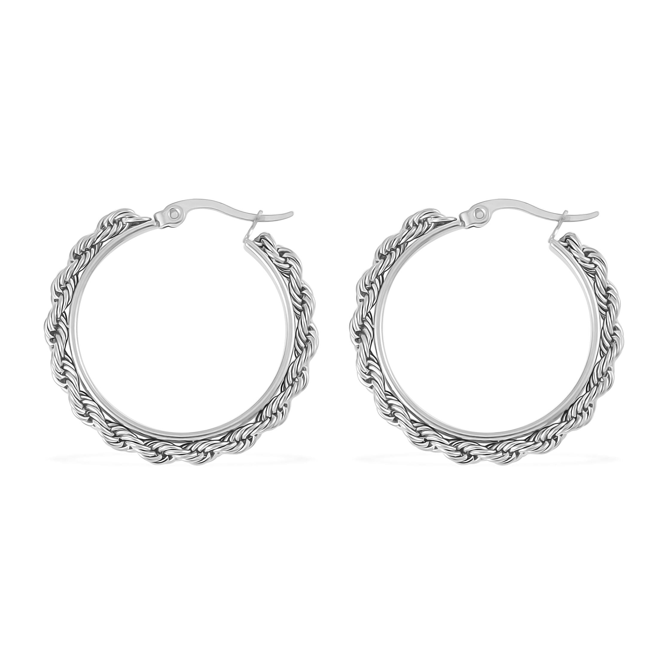 Set of 3 Rope Chain Bracelet (7.5In), Hoop Earrings and Necklace 20 Inches in Stainless Steel