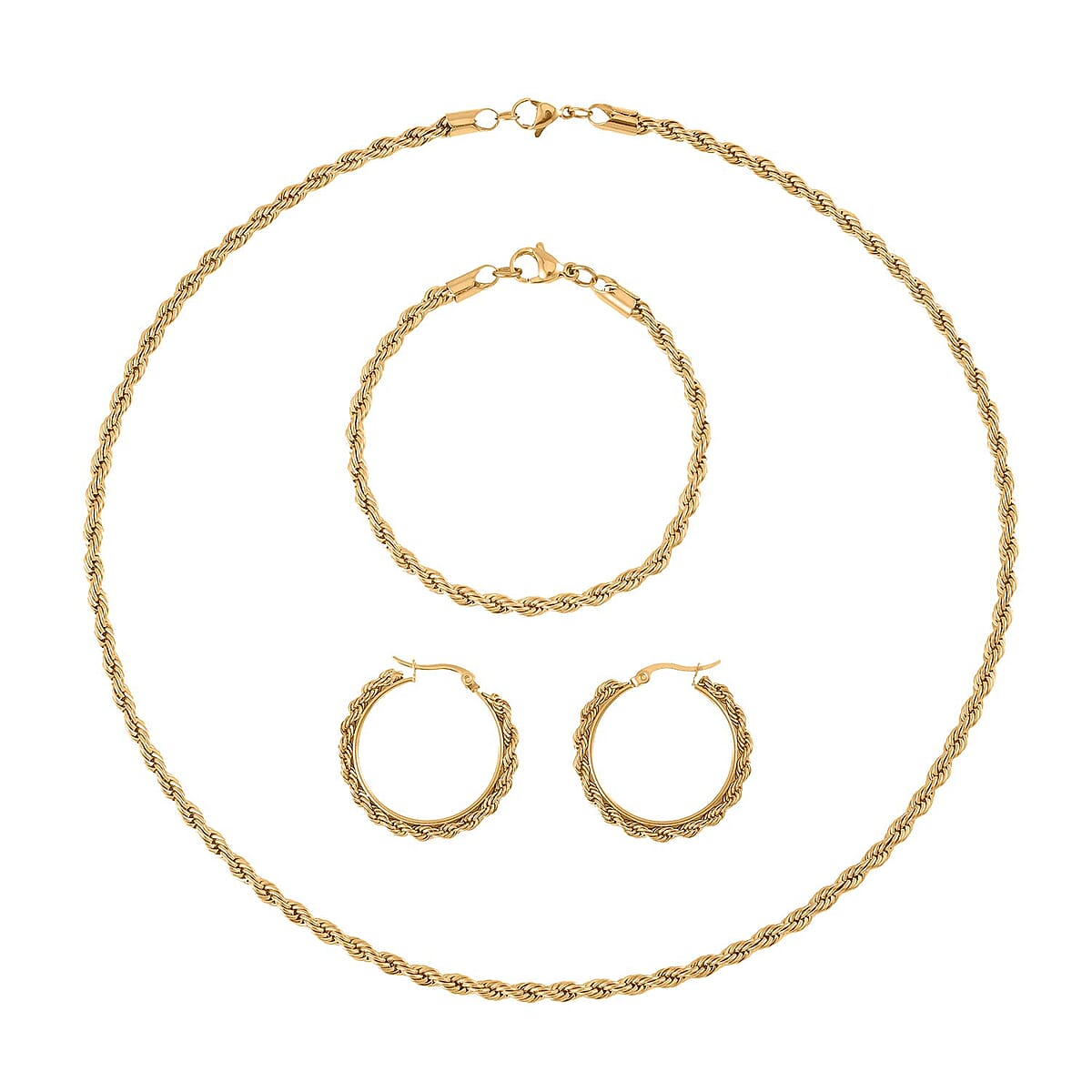 Set of 3 Rope Chain Bracelet (7.5In), Hoop Earrings and Necklace 20 Inches in ION Plated YG Stainless Steel image number 0