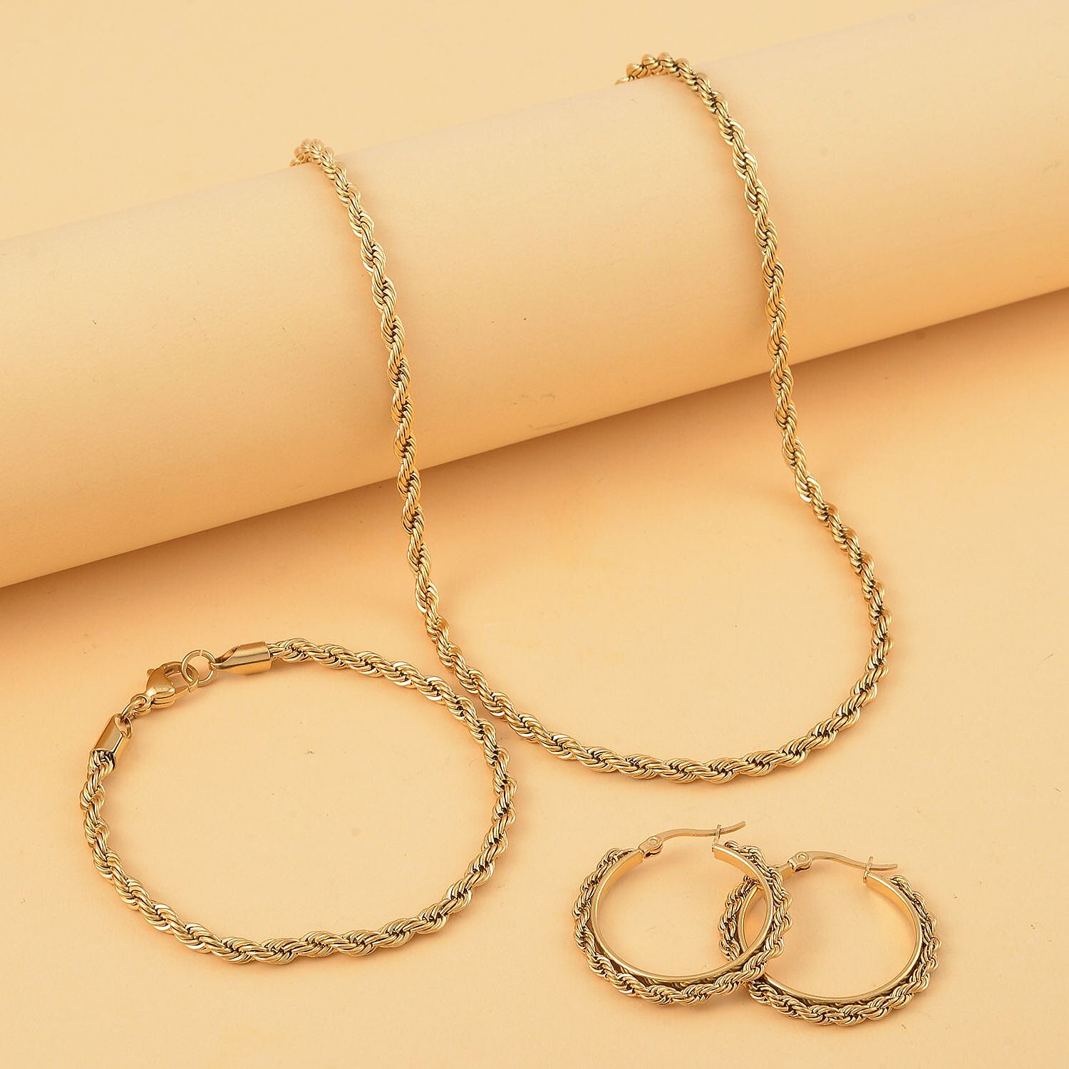 Set of 3 Rope Chain Bracelet (7.5In), Hoop Earrings and Necklace 20 Inches in ION Plated YG Stainless Steel