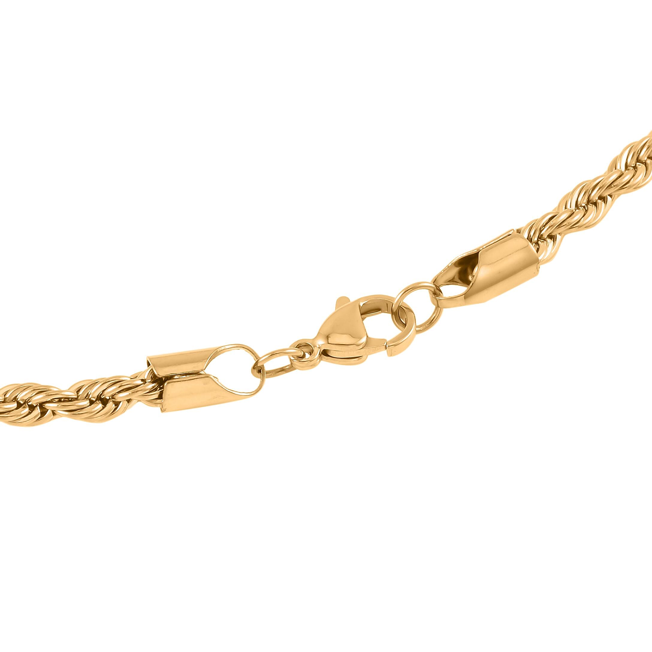 Set of 3 Rope Chain Bracelet (7.5In), Hoop Earrings and Necklace 20 Inches in ION Plated YG Stainless Steel