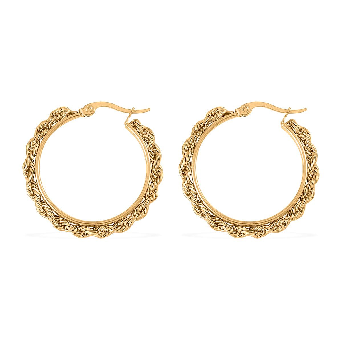Set of 3 Rope Chain Bracelet (7.5In), Hoop Earrings and Necklace 20 Inches in ION Plated YG Stainless Steel