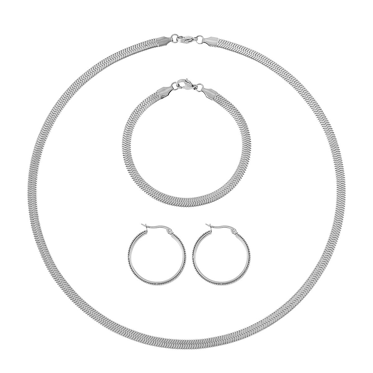 Set of 3 Snake Chain Bracelet (7.5In), Hoop Earrings and Necklace 20 Inches in Stainless Steel image number 0
