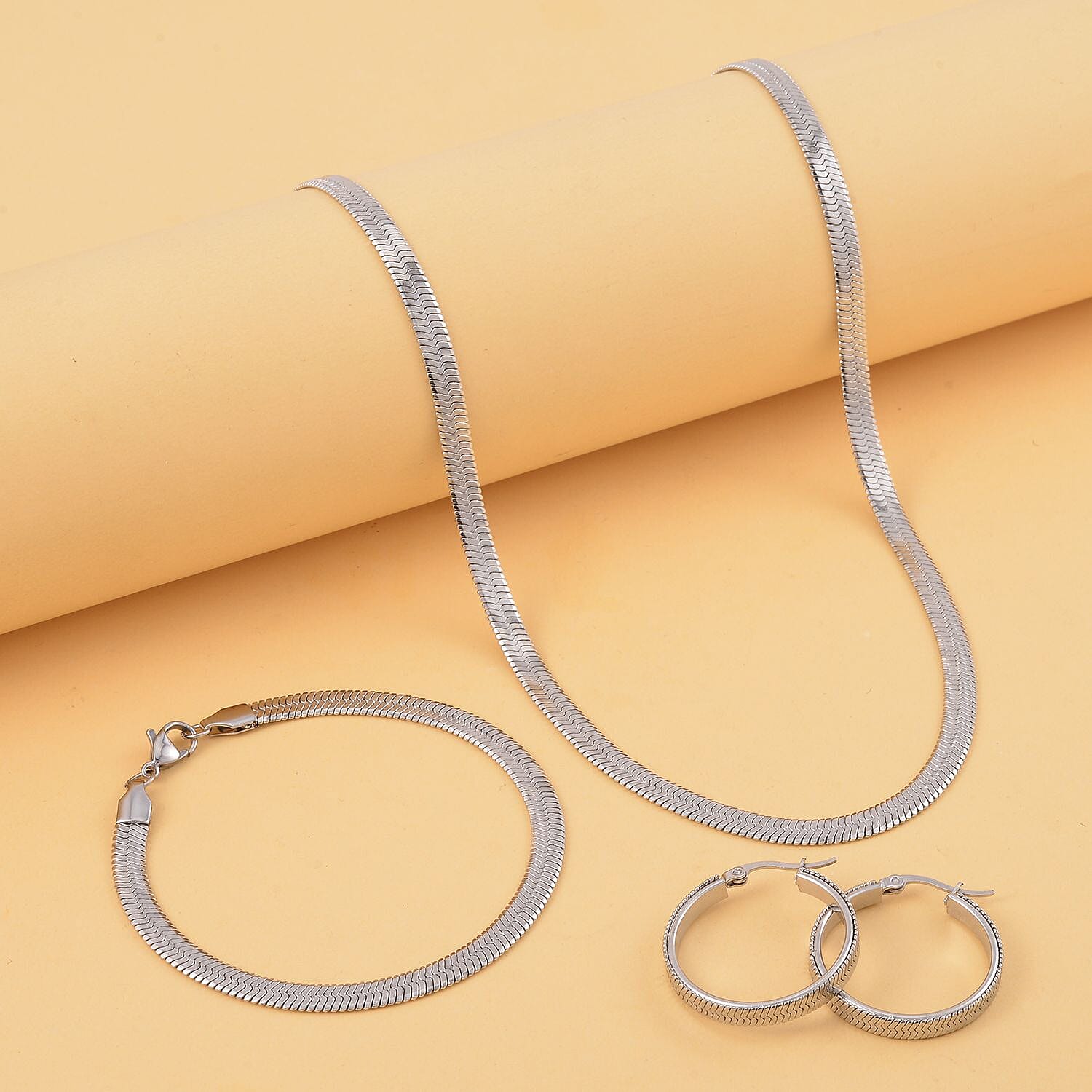 Set of 3 Herringbone Chain Bracelet (7.5In), Hoop Earrings and Necklace 20 Inches in Stainless Steel