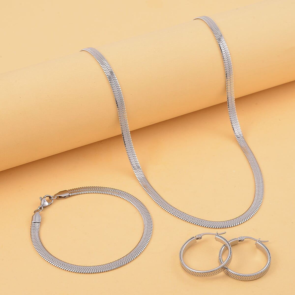 Set of 3 Snake Chain Bracelet (7.5In), Hoop Earrings and Necklace 20 Inches in Stainless Steel image number 1
