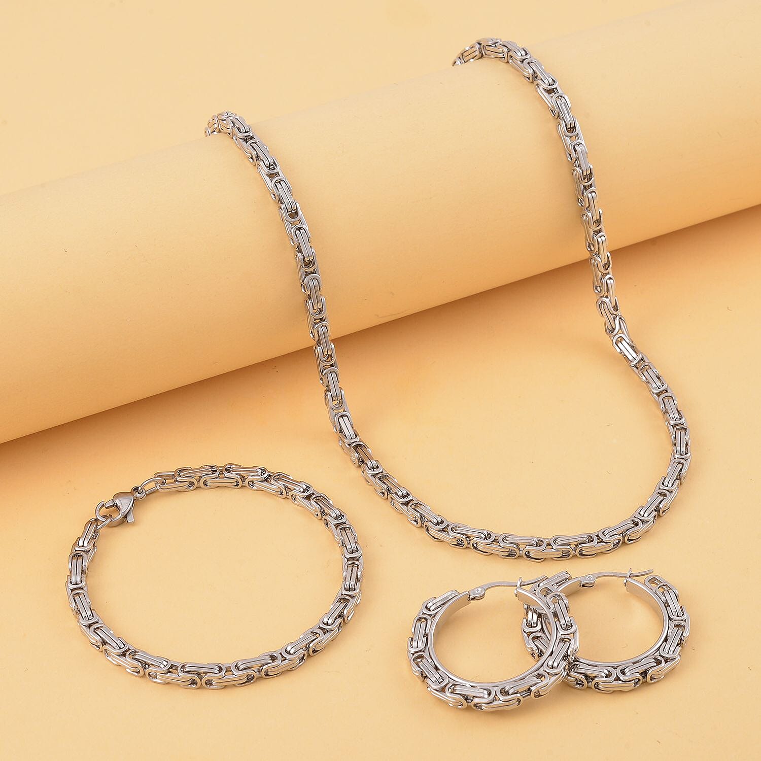 Set of 3 Byzantine Chain Bracelet (7.5In), Hoop Earrings and Necklace 20 Inches in Stainless Steel