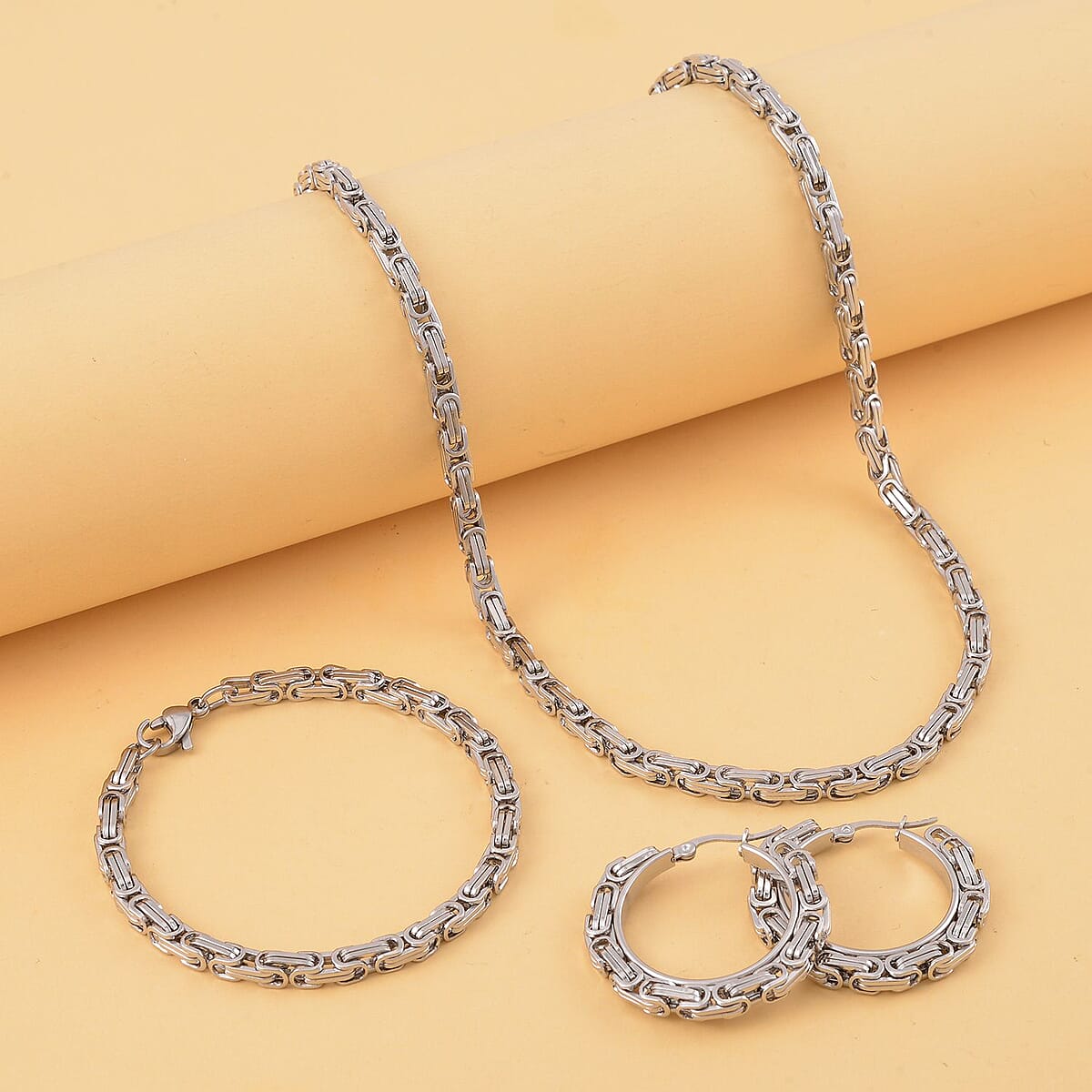 Set of 3 Byzantine Chain Bracelet (7.5In), Hoop Earrings and Necklace 20 Inches in Stainless Steel image number 1