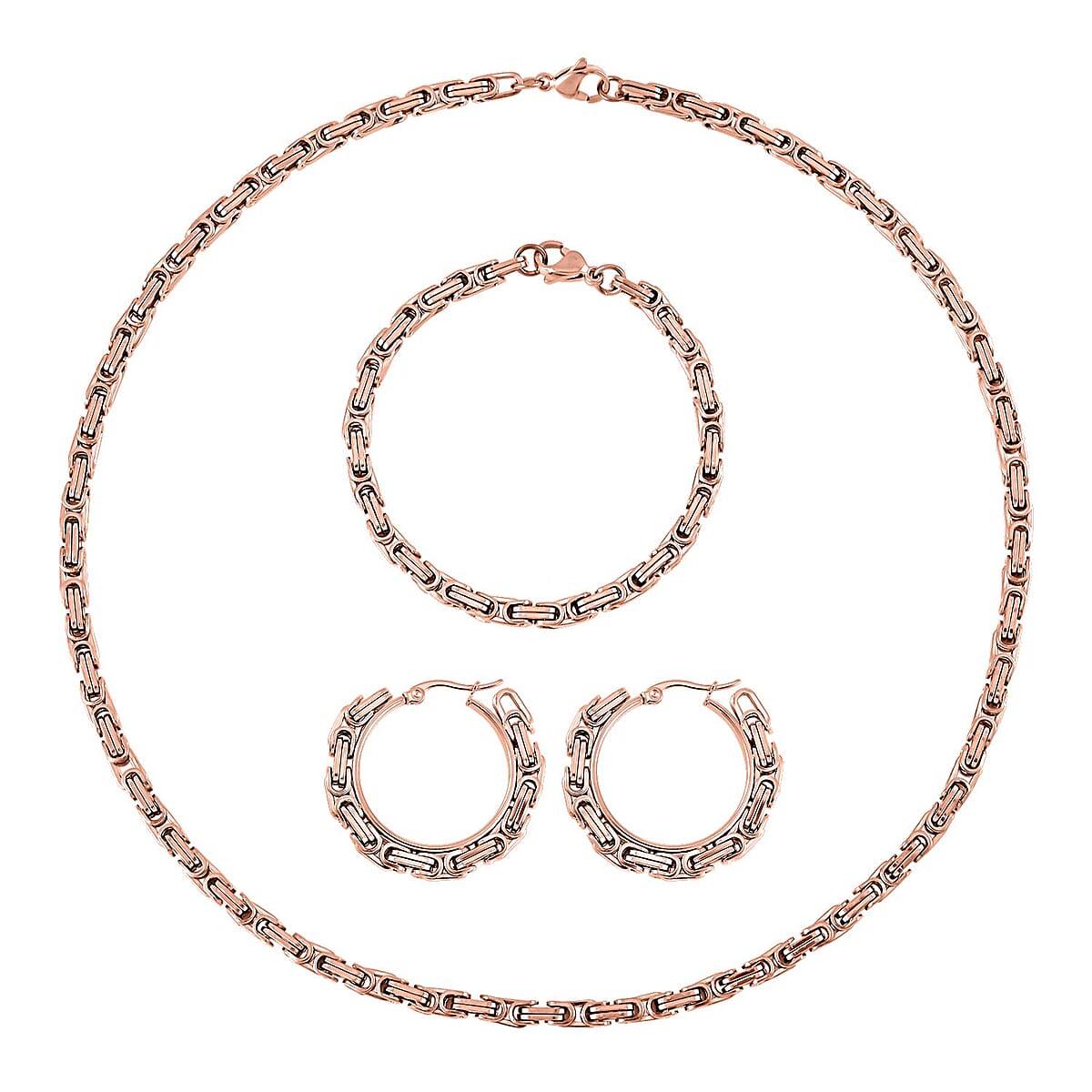 Set of 3 Byzantine Chain Bracelet (7.5In), Hoop Earrings and Necklace 20 Inches in ION Plated RG Stainless Steel image number 0