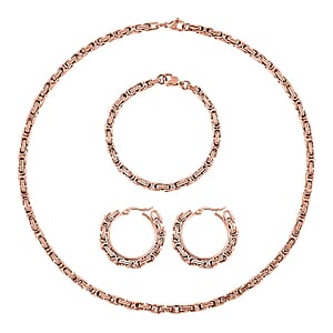 Set of 3 Byzantine Chain Bracelet (7.5In), Hoop Earrings and Necklace 20 Inches in ION Plated RG Stainless Steel