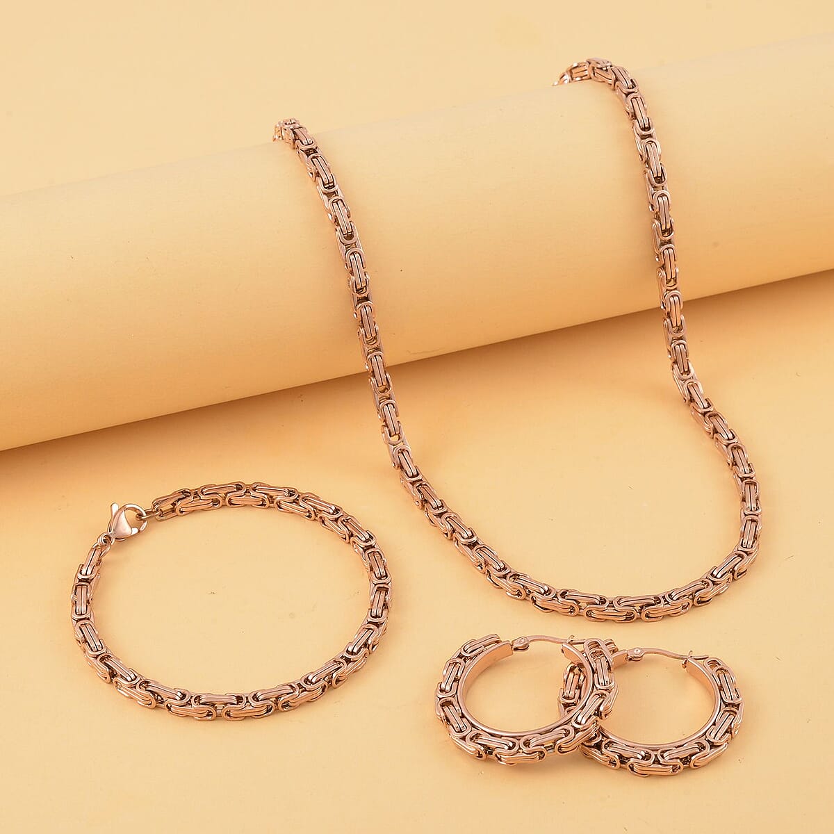 Set of 3 Byzantine Chain Bracelet (7.5In), Hoop Earrings and Necklace 20 Inches in ION Plated RG Stainless Steel image number 1