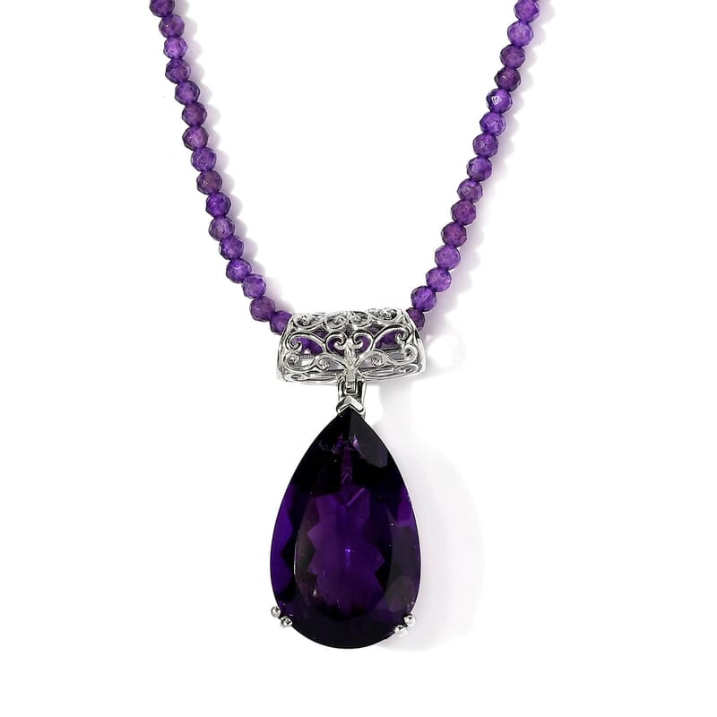 Amethyst Solitaire Pendant with Beaded Necklace 20 Inches in Platinum Over Sterling Silver 107.25 ctw