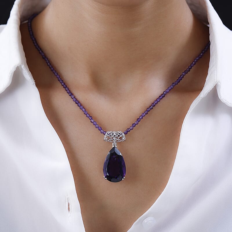 Amethyst Solitaire Pendant with Beaded Necklace 20 Inches in Platinum Over Sterling Silver 107.25 ctw