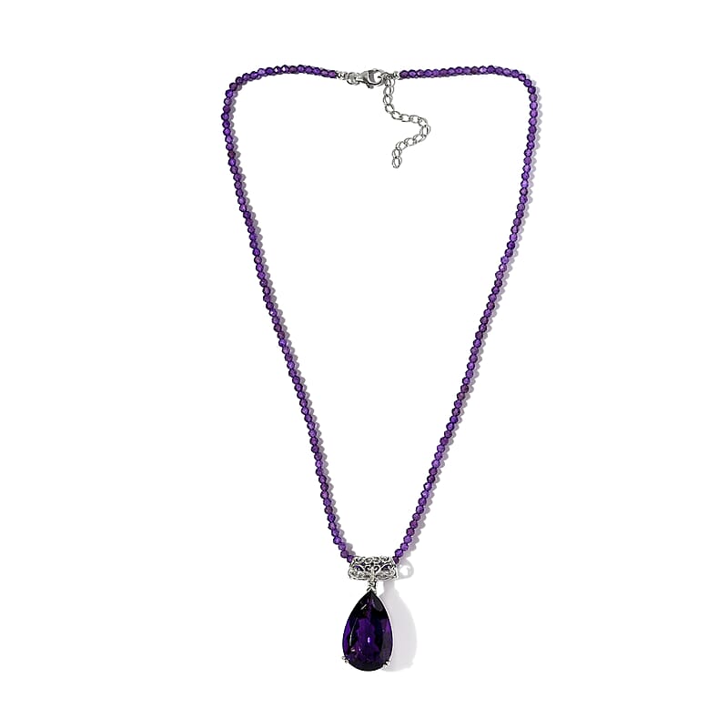 Amethyst Solitaire Pendant with Beaded Necklace 20 Inches in Platinum Over Sterling Silver 107.25 ctw