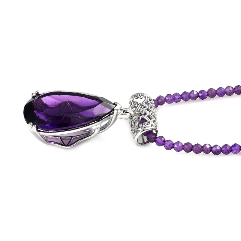 Amethyst Solitaire Pendant with Beaded Necklace 20 Inches in Platinum Over Sterling Silver 107.25 ctw