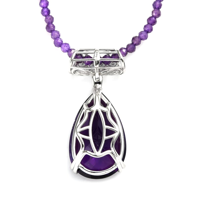 Amethyst Solitaire Pendant with Beaded Necklace 20 Inches in Platinum Over Sterling Silver 107.25 ctw