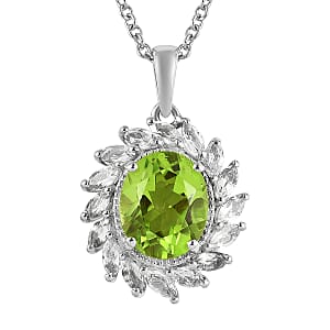 Chartreuse Quartz, White Topaz Pendant Necklace (20 Inches) in Platinum Over Stainless Steel 5.25 ctw , Tarnish-Free, Waterproof, Sweat Proof Jewelry