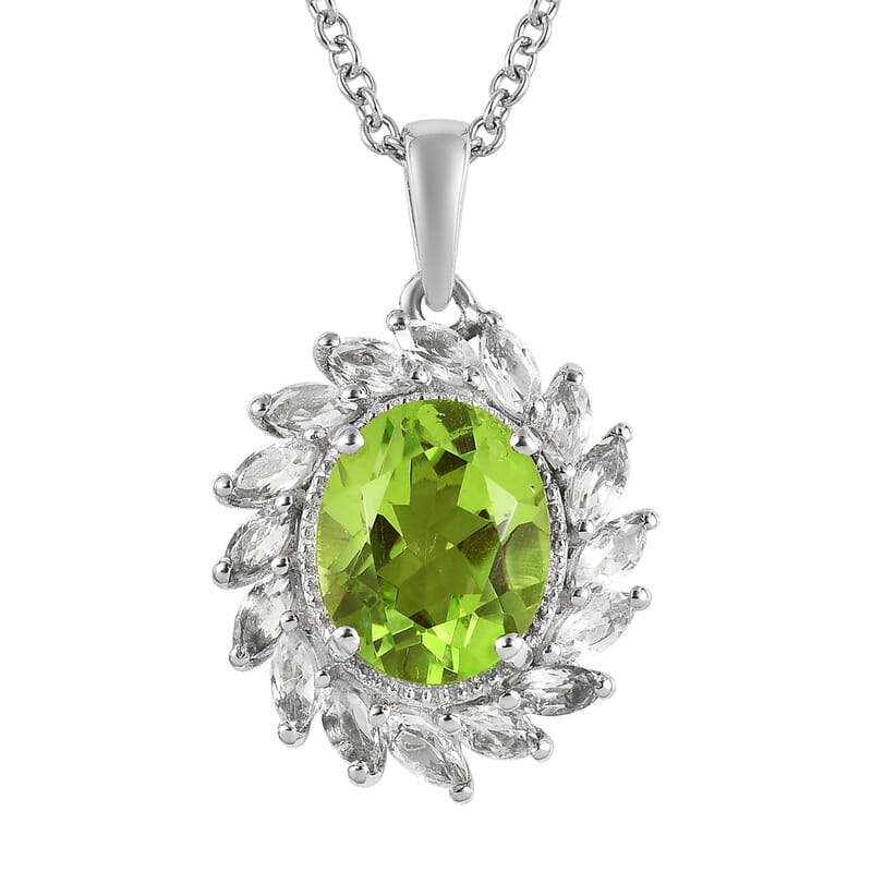 Chartreuse Quartz, White Topaz Pendant Necklace (20 Inches) in Platinum Over Stainless Steel 5.25 ctw , Tarnish-Free, Waterproof, Sweat Proof Jewelry