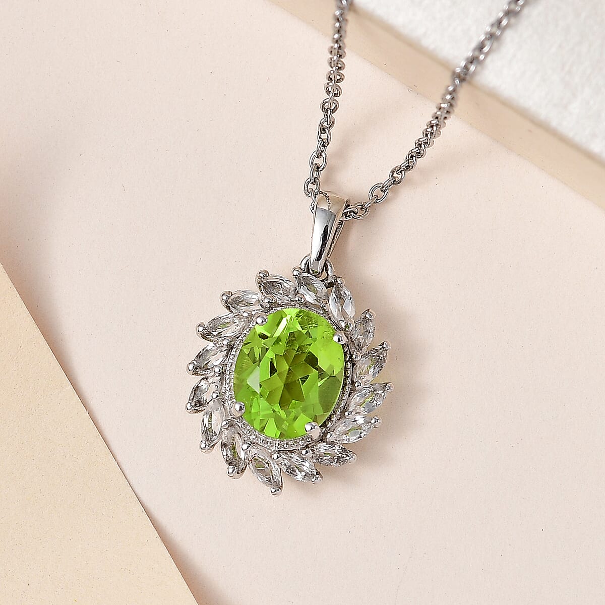 Chartreuse Quartz, White Topaz Pendant Necklace (20 Inches) in Platinum Over Stainless Steel 5.25 ctw , Tarnish-Free, Waterproof, Sweat Proof Jewelry image number 1