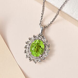 Chartreuse Quartz, White Topaz Pendant Necklace (20 Inches) in Platinum Over Stainless Steel 5.25 ctw , Tarnish-Free, Waterproof, Sweat Proof Jewelry