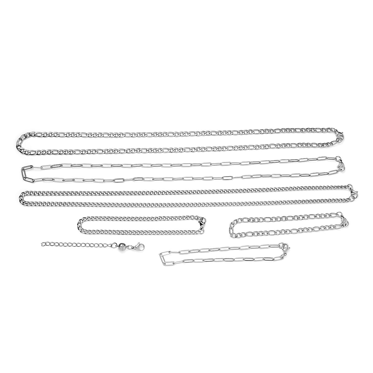 Figaro, Paper Clip and Cable Chain 3pcs Necklace 20 Inches, 3pcs Bracelet (7.5-8.0In) and 1pc Magnetic Lock in Stainless Steel image number 0