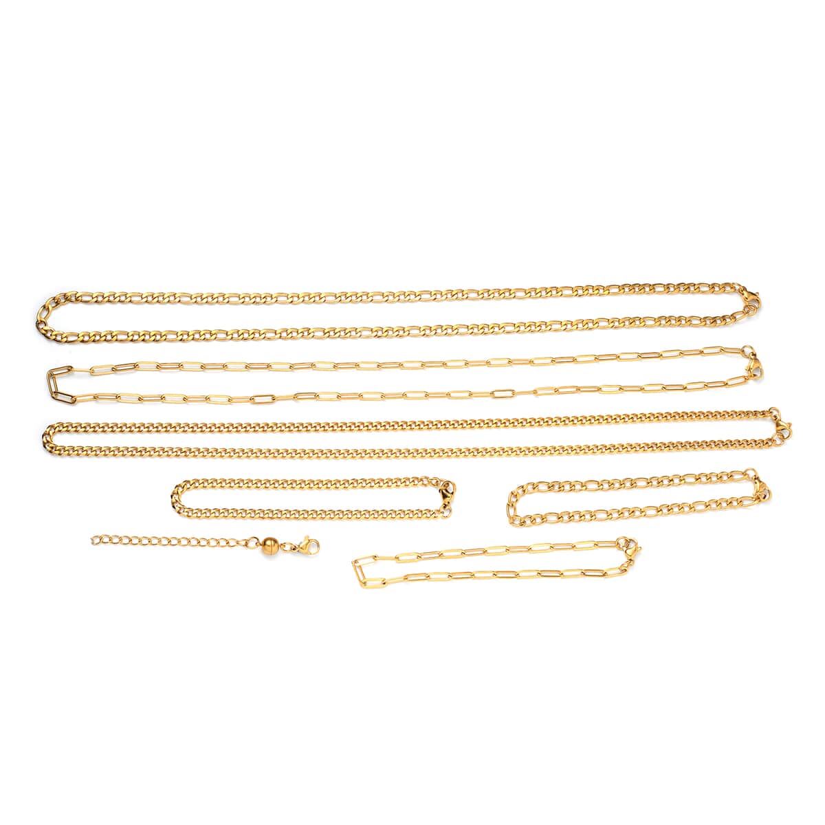 Ankur Treasure Chest Set of 7, Figaro, Paper Clip and Cable Chain 3pcs Necklace 20 Inches, 3pcs Bracelet (7.5-8.0In) and 1pc Magnetic Lock in ION Plated YG Stainless Steel image number 0