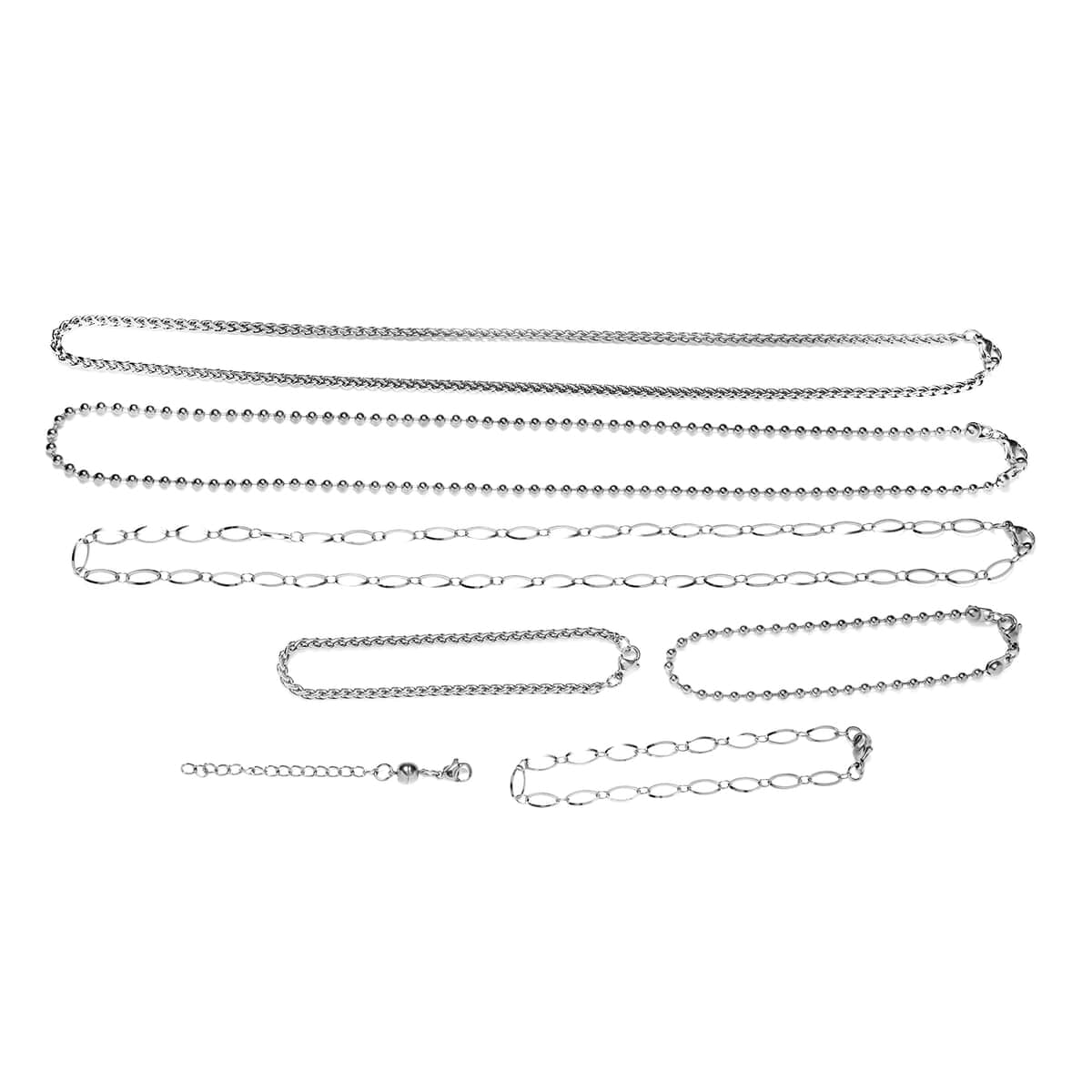 Set of 7, Beads, Wheat and Long Short Link Chain 3pcs Necklace 20 Inches, 3pcs Bracelet (7.5-8.0In) and 1pc Magnetic Lock in Stainless Steel image number 0