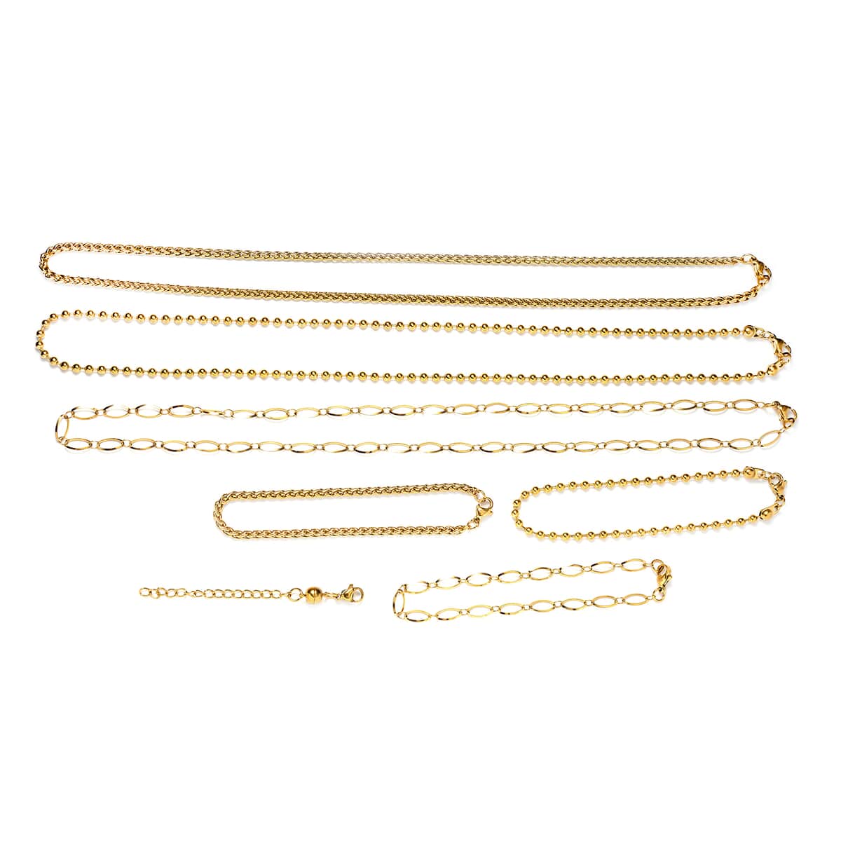 Set of 7, Beads, Wheat and Long Short Link Chain 3pcs Necklace 20 Inches, 3pcs Bracelet (7.5-8.0In) and 1pc Magnetic Lock in ION Plated YG Stainless Steel image number 0