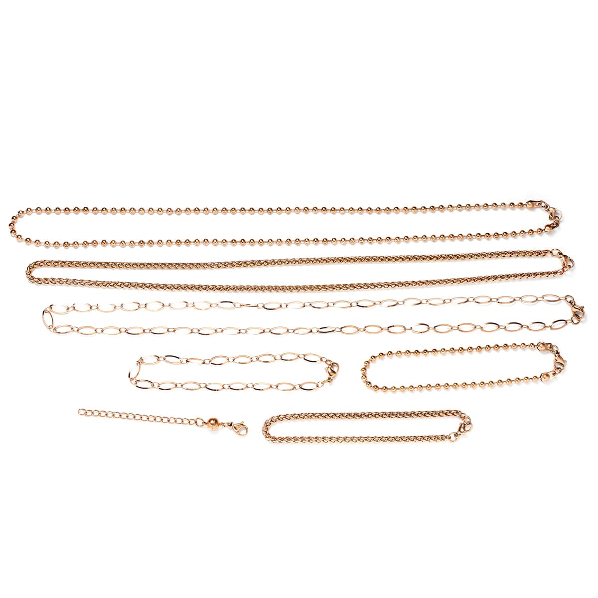 Set of 7, Beads, Wheat and Long Short Link Chain 3pcs Necklace 20 Inches, 3pcs Bracelet (7.5-8.0In) and 1pc Magnetic Lock in ION Plated RG Stainless Steel image number 0