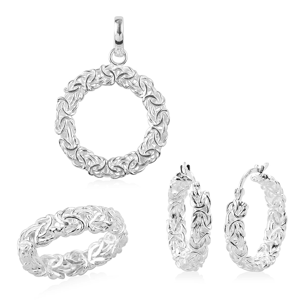 TLV Bali Legacy Sterling Silver Byzantine Hoop Earrings, Ring (Size 5) and Pendant (15.40 g) image number 0