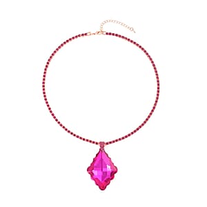 Fuchsia Glass and Fuchsia Austrian Crystal Rhombus Pendant and Necklace 20.5-22.5Inches in Rosetone
