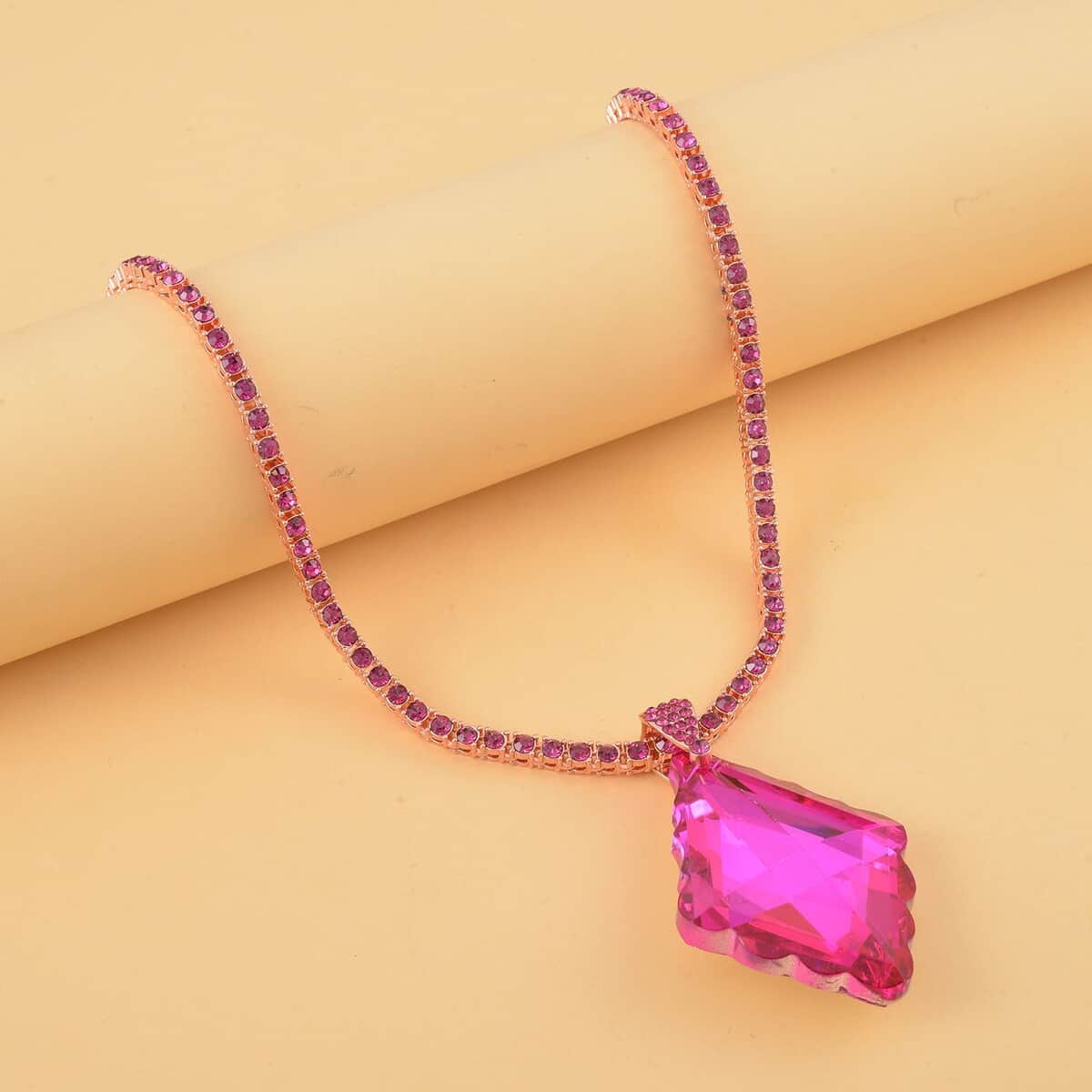 Fuchsia Glass and Fuchsia Austrian Crystal Heart Pendant and Necklace 20.5-22.5Inches in Goldtone image number 1