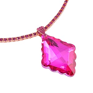 Fuchsia Glass and Fuchsia Austrian Crystal Rhombus Pendant and Necklace 20.5-22.5Inches in Rosetone