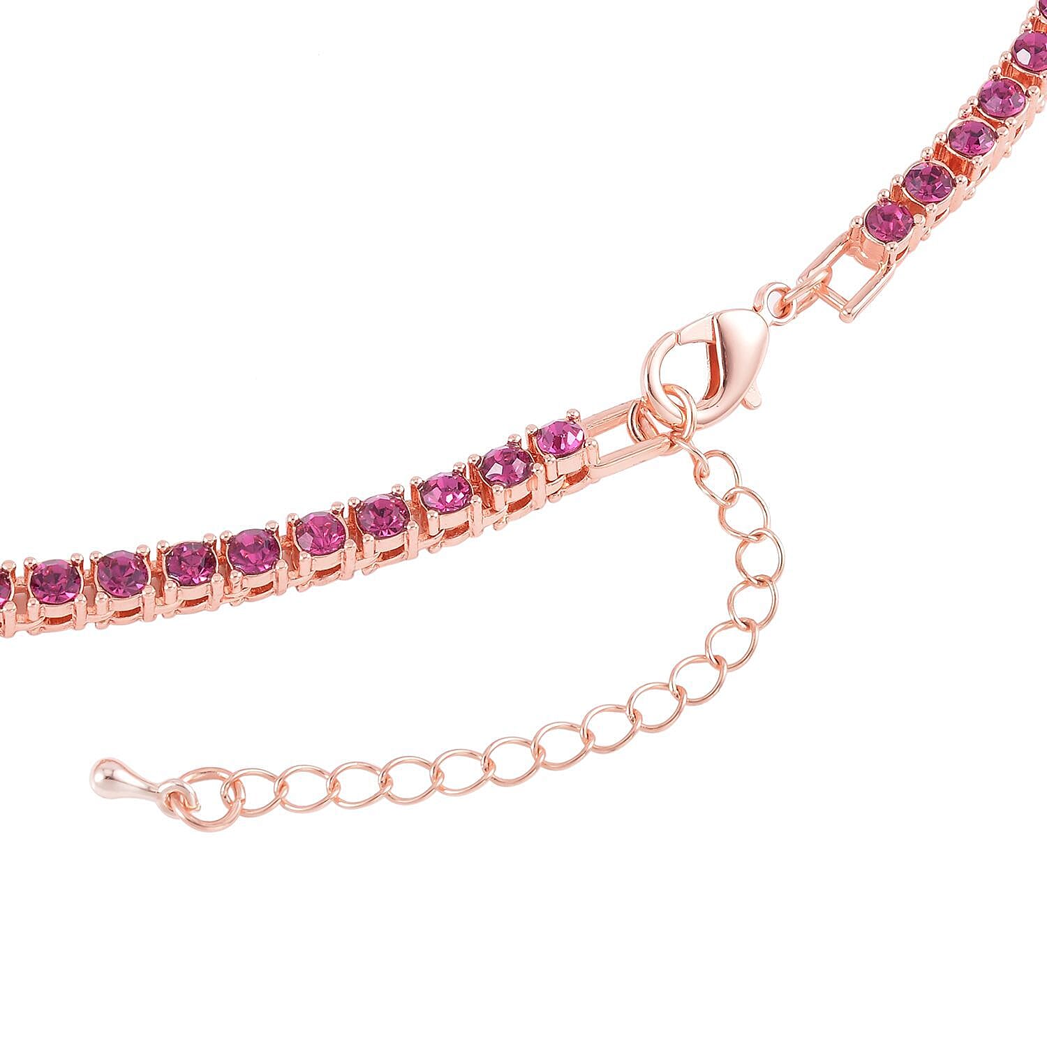 Fuchsia Glass and Fuchsia Austrian Crystal Rhombus Pendant and Necklace 20.5-22.5Inches in Rosetone