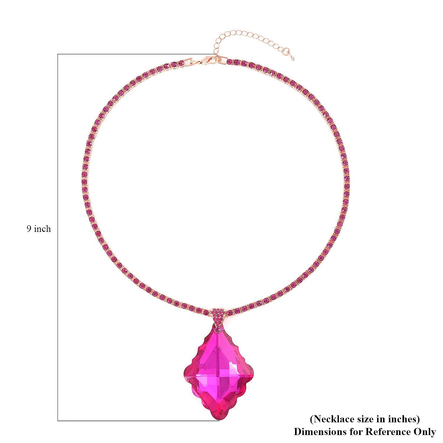 Fuchsia Glass and Fuchsia Austrian Crystal Rhombus Pendant and Necklace 20.5-22.5Inches in Rosetone