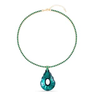 Green Glass and Green Austrian Crystal Heart Pendant and Necklace 20.5-22.5Inches in Goldtone