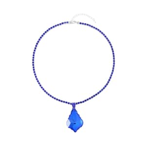 Blue Glass and Blue Austrian Crystal Heart Pendant and Necklace 20.5-22.5Inches in Silvertone