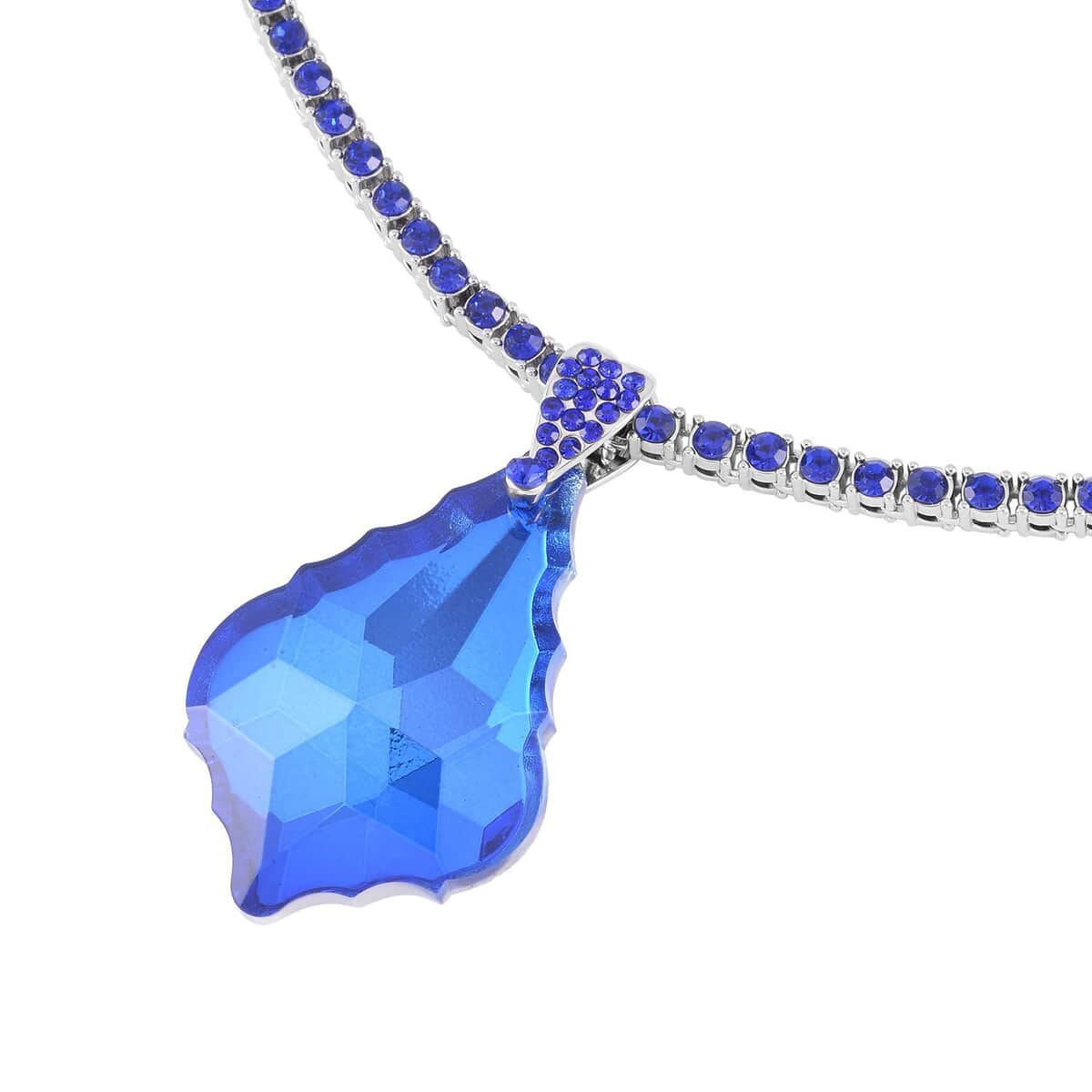 Blue Glass and Blue Austrian Crystal Heart Pendant and Necklace 20.5-22.5Inches in Silvertone image number 2