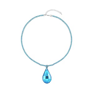 Aqua Blue Glass and Aqua Blue Austrian Crystal Heart Pendant and Necklace 20.5-22.5Inches in Silvertone
