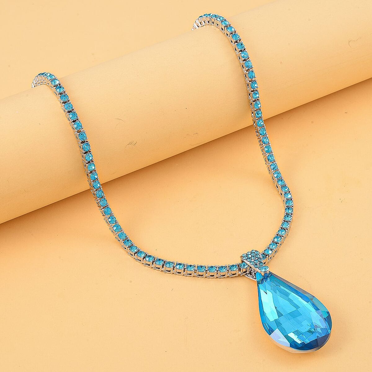 Aqua Blue Glass and Aqua Blue Austrian Crystal Heart Pendant and Necklace 20.5-22.5Inches in Silvertone image number 1