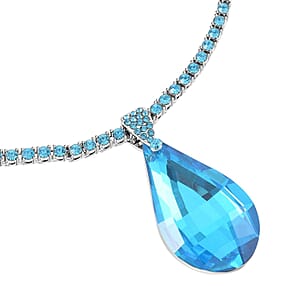 Aqua Blue Glass and Aqua Blue Austrian Crystal Heart Pendant and Necklace 20.5-22.5Inches in Silvertone