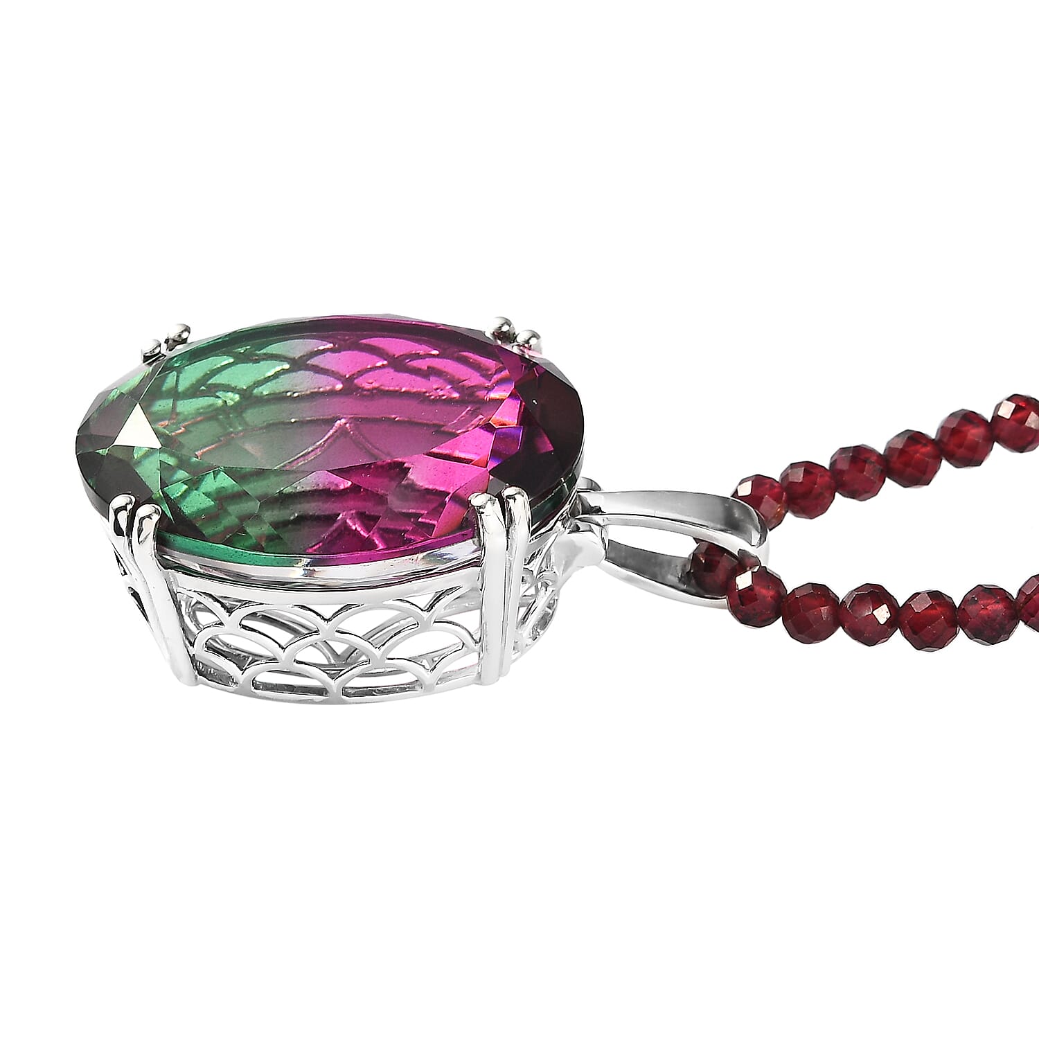 Watermelon Quartz (Triplet) Pendant with Orissa Rhodolite Garnet Beaded Necklace 20 Inches in Platinum Over Sterling Silver 165.90 ctw