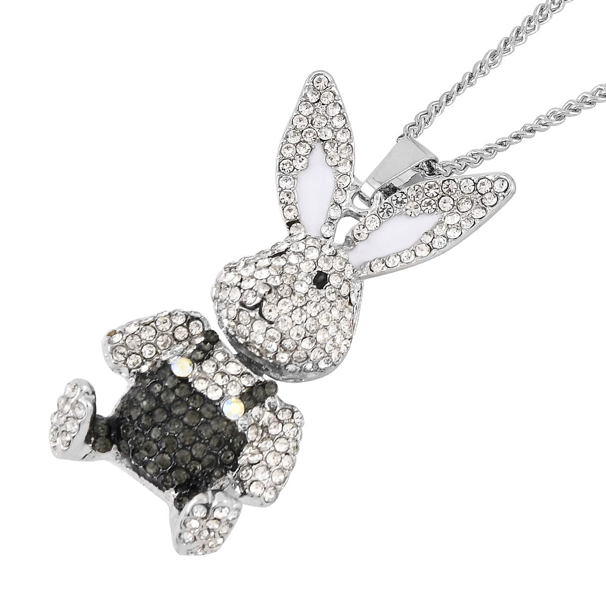 White and Black Austrian Crystal, White Enameled Bunny Brooch or Pendant Necklace 29-31 Inches in Silvertone image number 3