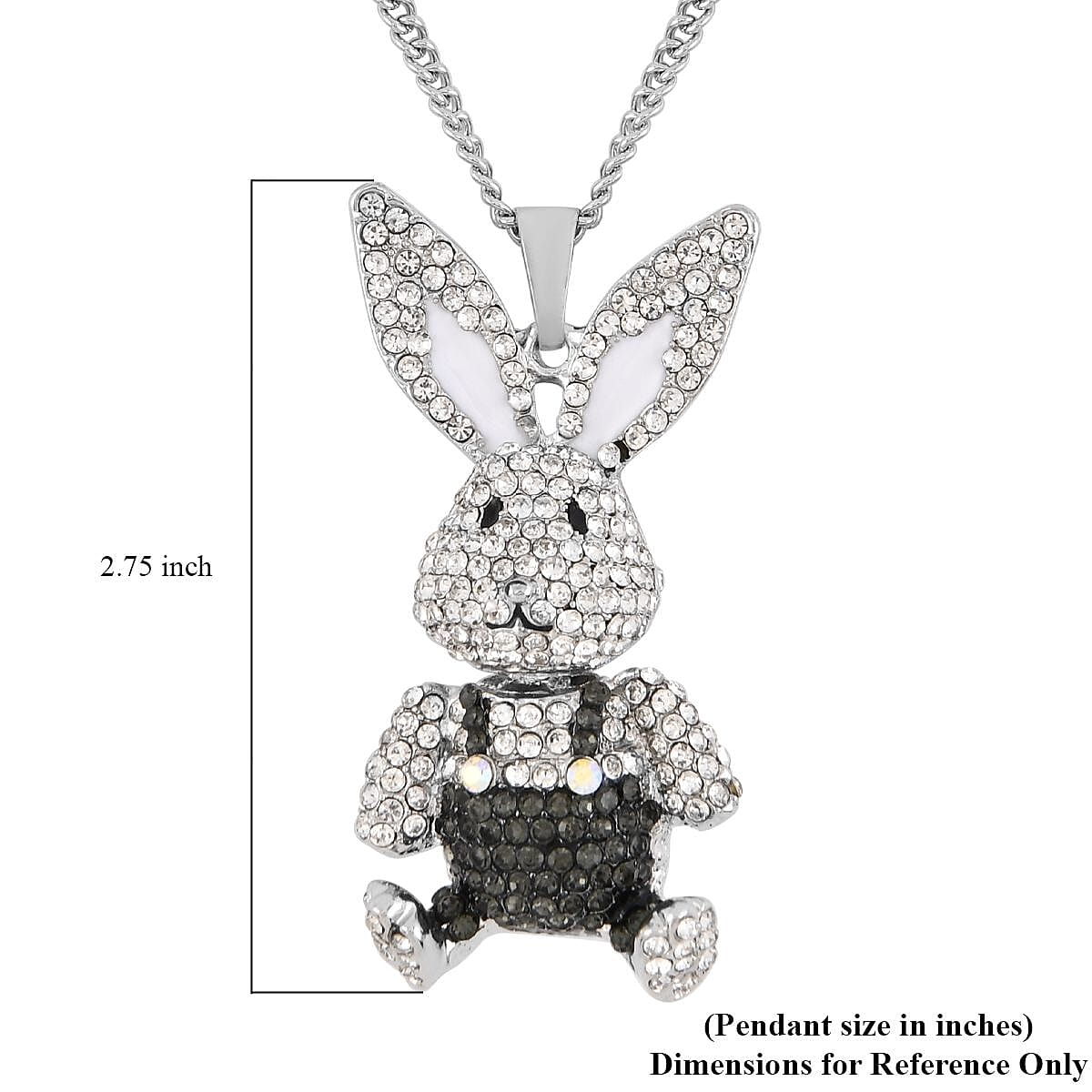 White and Black Austrian Crystal, White Enameled Bunny Brooch or Pendant Necklace 29-31 Inches in Silvertone image number 6