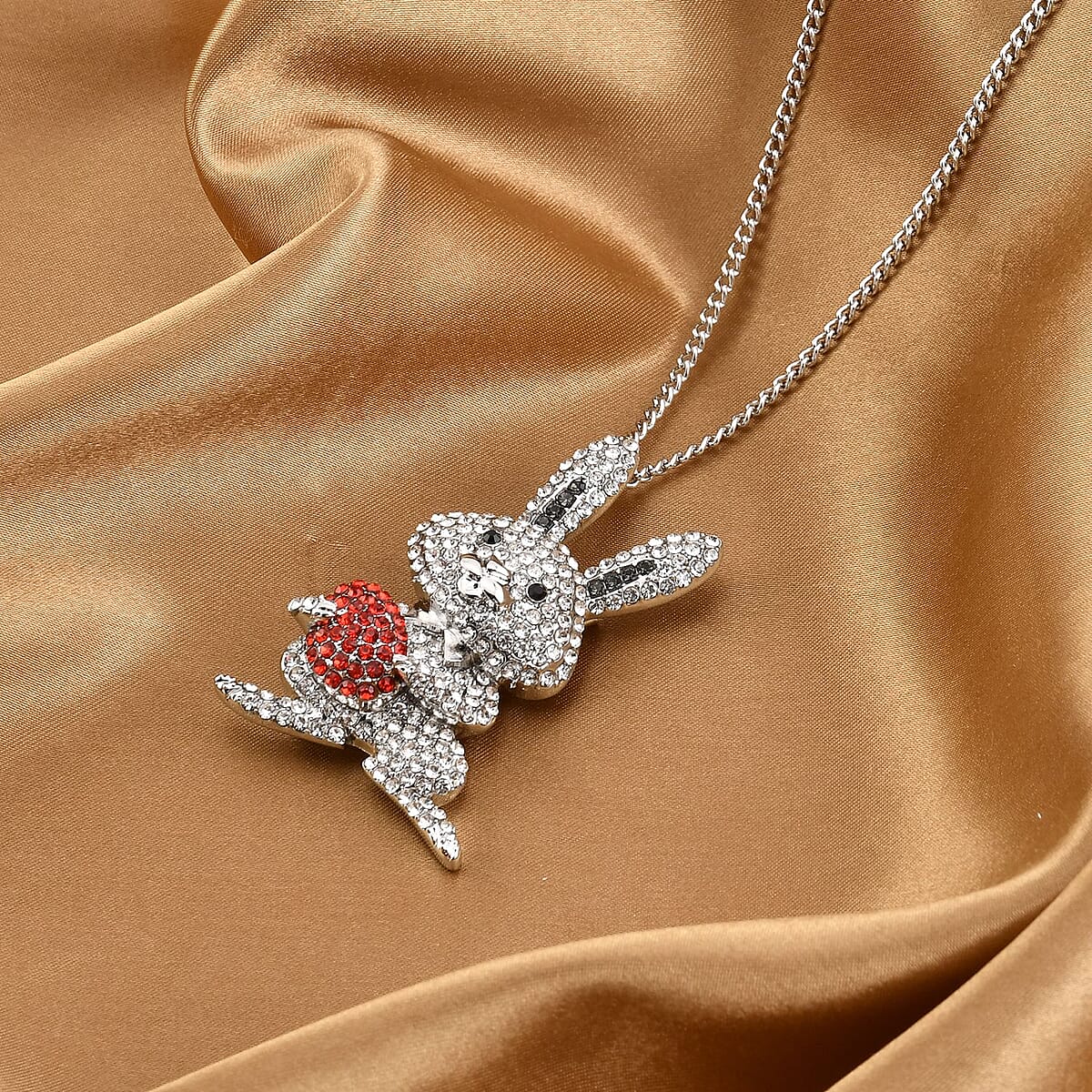 White, Red and Black Austrian Crystal Rabbit Brooch or Pendant Necklace 29-31 Inches in Silvertone image number 1