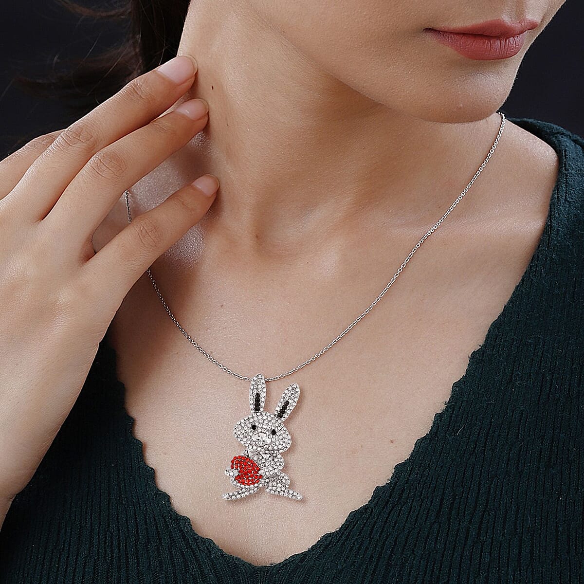White, Red and Black Austrian Crystal Rabbit Brooch or Pendant Necklace 29-31 Inches in Silvertone image number 2