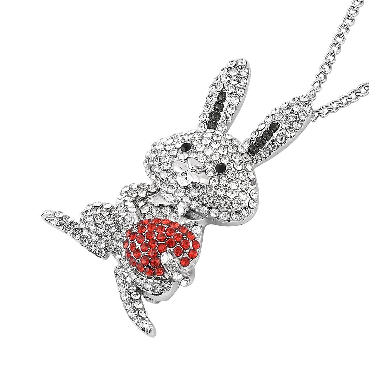White, Red and Black Austrian Crystal Rabbit Brooch or Pendant Necklace 29-31 Inches in Silvertone image number 3