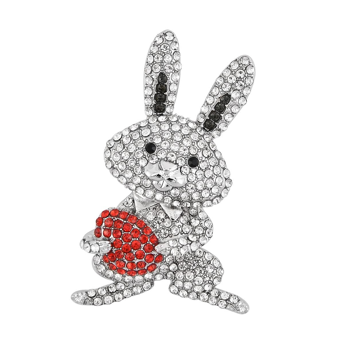 White, Red and Black Austrian Crystal Rabbit Brooch or Pendant Necklace 29-31 Inches in Silvertone image number 5