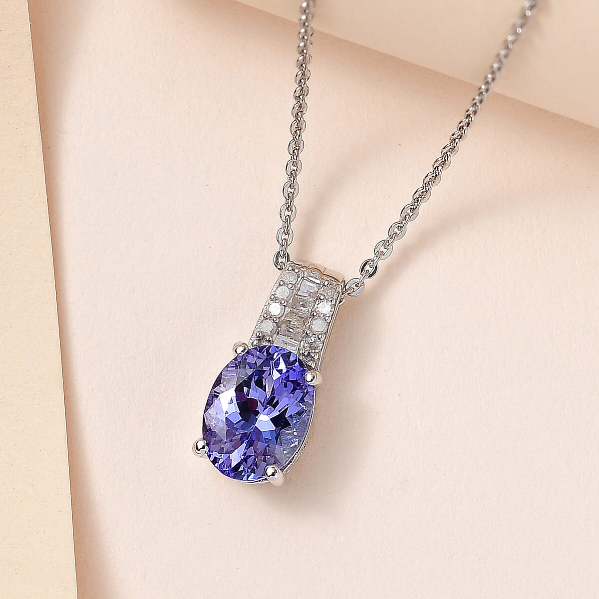 Tanzanite and Diamond Pendant Necklace 20 Inches in Platinum Over Sterling Silver 1.85 ctw image number 1